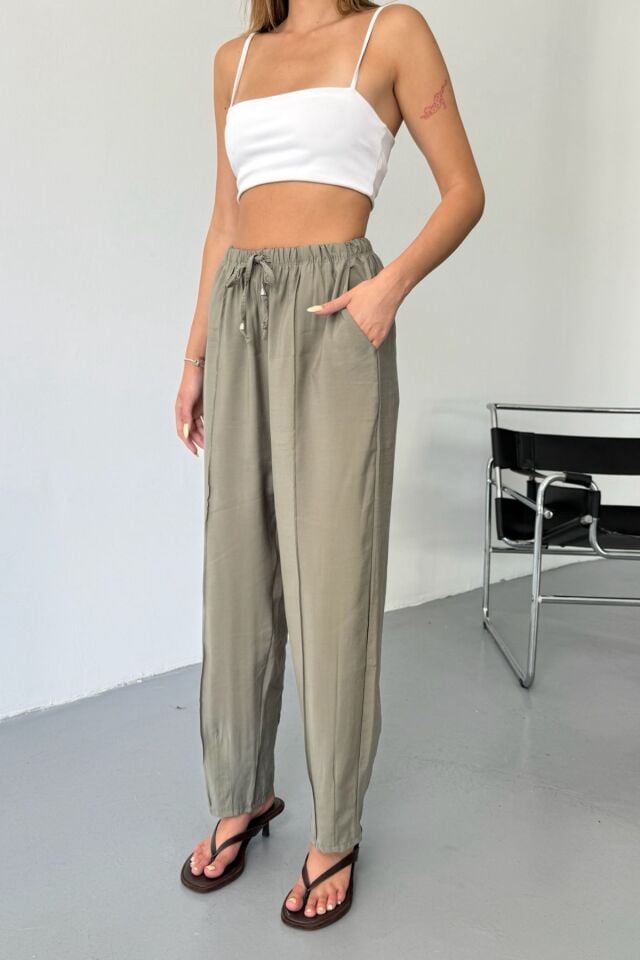 Feela Moda Kadın Modal Cupra Beli Lastikli Çımalı Şalvar Pantolon 2019 42 - Haki