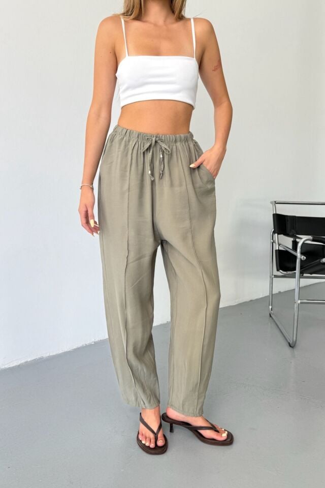 Feela Moda Kadın Modal Cupra Beli Lastikli Çımalı Şalvar Pantolon 2019 42 - Haki