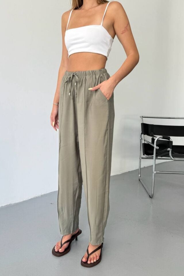 Feela Moda Kadın Modal Cupra Beli Lastikli Çımalı Şalvar Pantolon 2019 42 - Haki