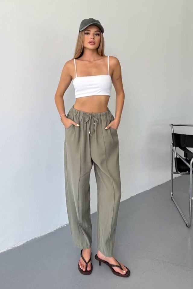 Feela Moda Kadın Modal Cupra Beli Lastikli Çımalı Şalvar Pantolon 2019 42 - Haki