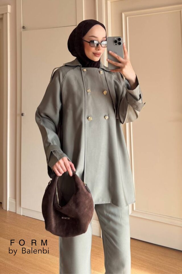 Balenbi Kruvaze Yaka Çift Düğme Detaylı Tesettür Kadın Dokuma Takım 1175 – Form Serisi Haki - M/L