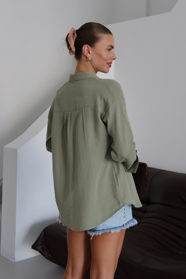 Balenbi Kadın Cepli Oversize Düz Renk Müslin Gömlek 1095 M - Yeşil