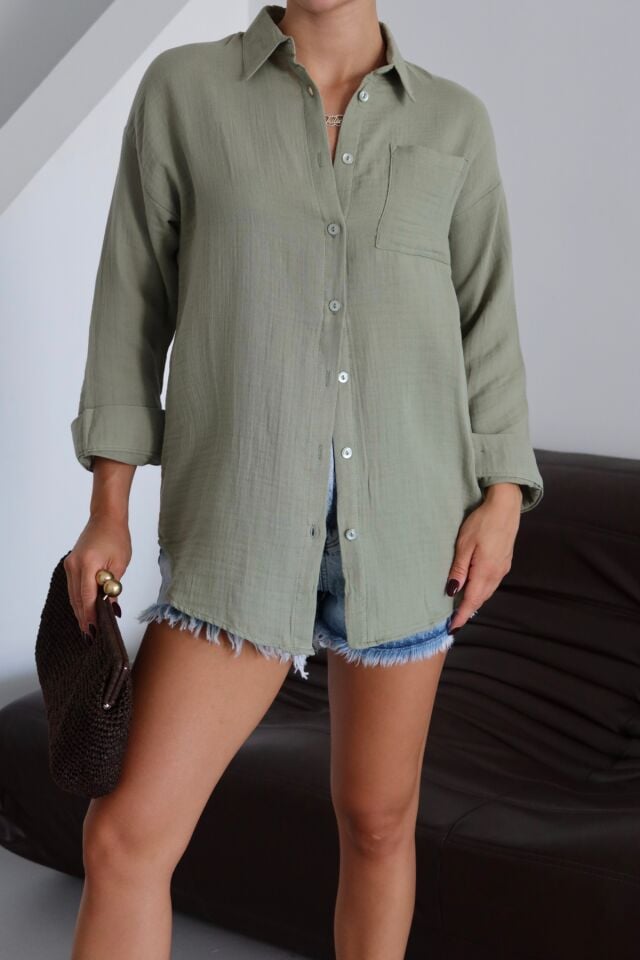 Balenbi Kadın Cepli Oversize Düz Renk Müslin Gömlek 1095 Yeşil - M