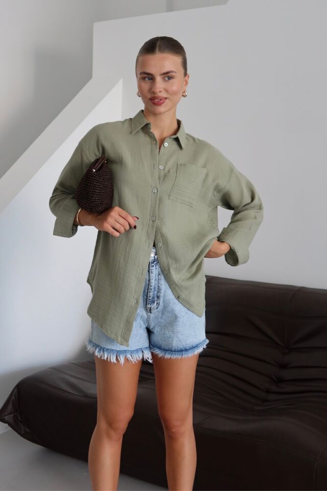 Balenbi Kadın Cepli Oversize Düz Renk Müslin Gömlek 1095 M - Yeşil