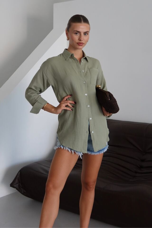 Balenbi Kadın Cepli Oversize Düz Renk Müslin Gömlek 1095 M - Yeşil