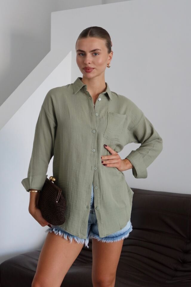 Balenbi Kadın Cepli Oversize Düz Renk Müslin Gömlek 1095 M - Yeşil