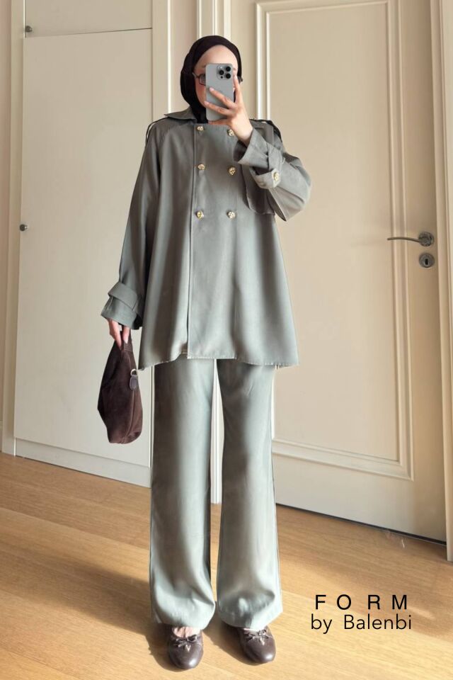 Balenbi Kruvaze Yaka Çift Düğme Detaylı Tesettür Kadın Dokuma Takım 1175 – Form Serisi L/XL - Haki