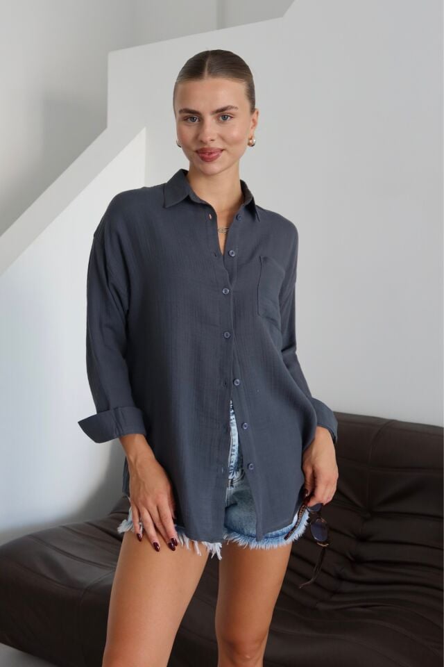 Balenbi Kadın Cepli Oversize Düz Renk Müslin Gömlek 1095 S - Antrasit