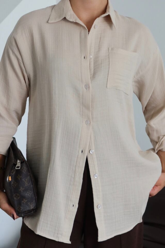 Balenbi Kadın Cepli Oversize Düz Renk Müslin Gömlek 1095 Bej - S