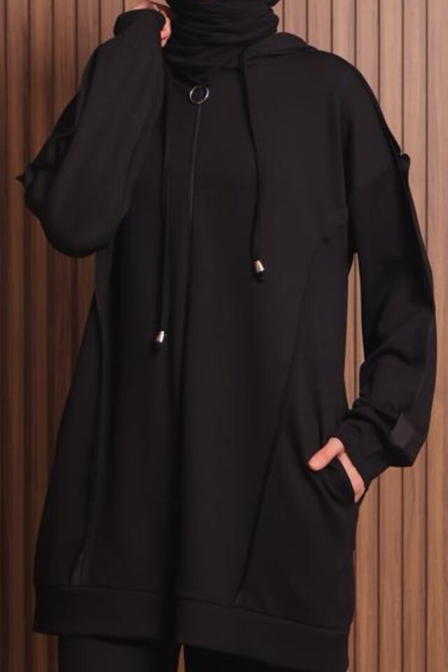 Balenbi Kadın Modal Kumaş Oversize Kapüşonlu Tesettür Takım 1132 Siyah - 2XL