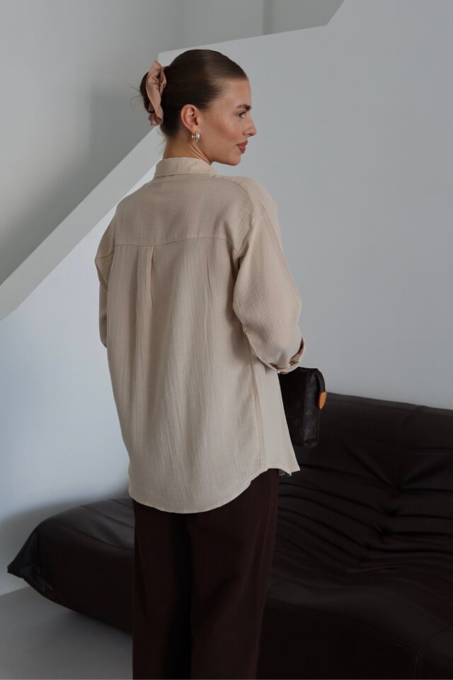 Balenbi Kadın Cepli Oversize Düz Renk Müslin Gömlek 1095 S - Bej