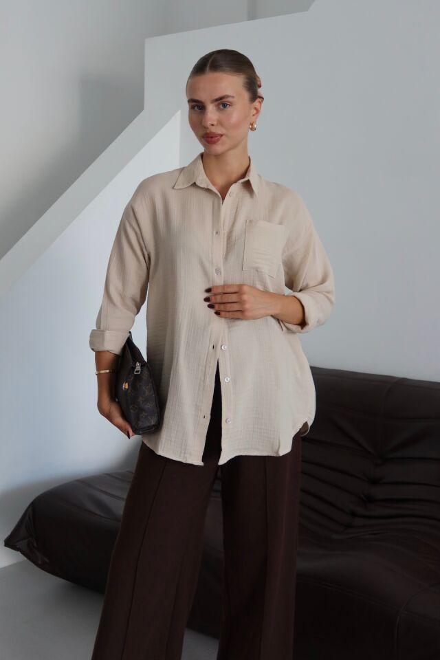 Balenbi Kadın Cepli Oversize Düz Renk Müslin Gömlek 1095 Bej - S