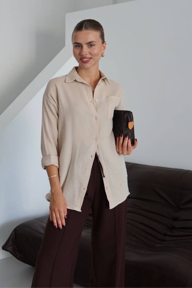 Balenbi Kadın Cepli Oversize Düz Renk Müslin Gömlek 1095 S - Bej