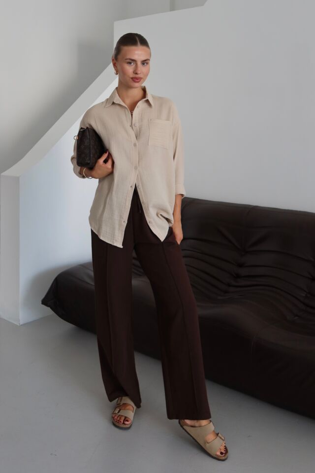 Balenbi Kadın Cepli Oversize Düz Renk Müslin Gömlek 1095 S - Bej