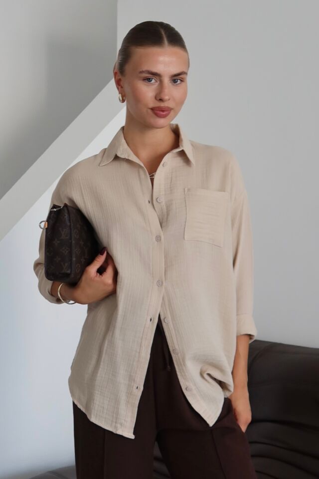 Balenbi Kadın Cepli Oversize Düz Renk Müslin Gömlek 1095 S - Bej