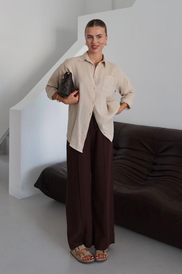 Balenbi Kadın Cepli Oversize Düz Renk Müslin Gömlek 1095 S - Bej