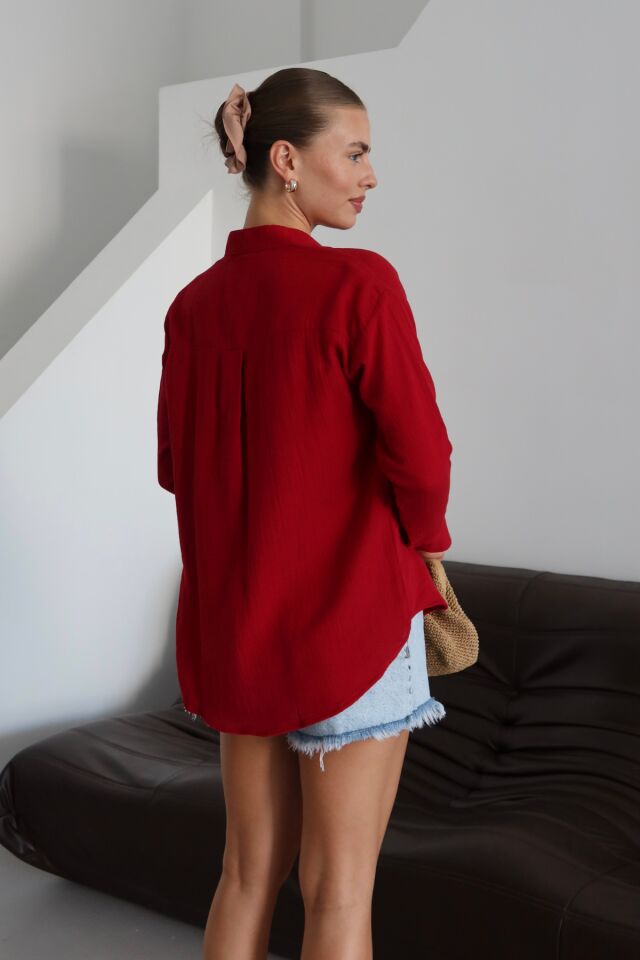 Balenbi Kadın Cepli Oversize Düz Renk Müslin Gömlek 1095 S - Bordo