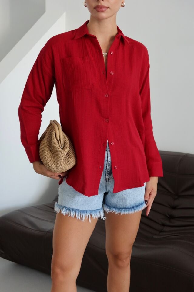 Balenbi Kadın Cepli Oversize Düz Renk Müslin Gömlek 1095 Bordo - S