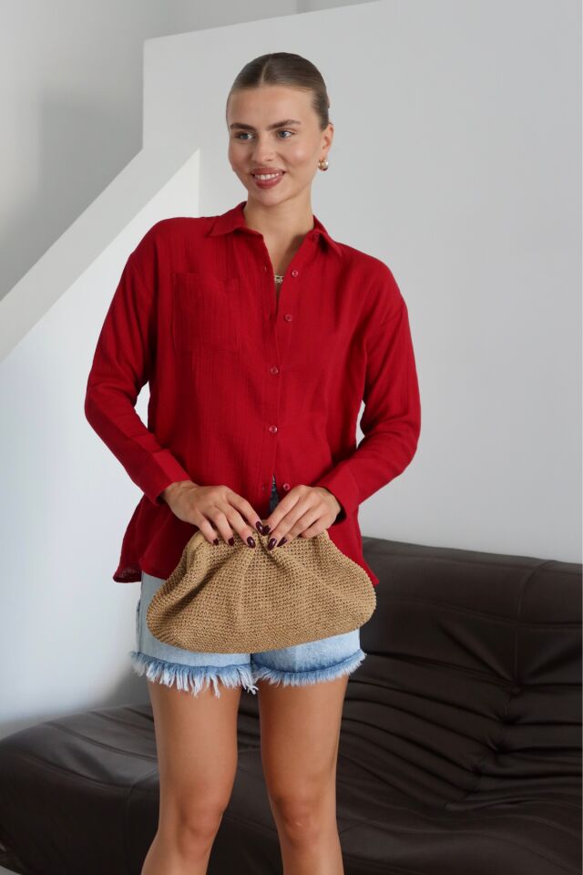 Balenbi Kadın Cepli Oversize Düz Renk Müslin Gömlek 1095 S - Bordo