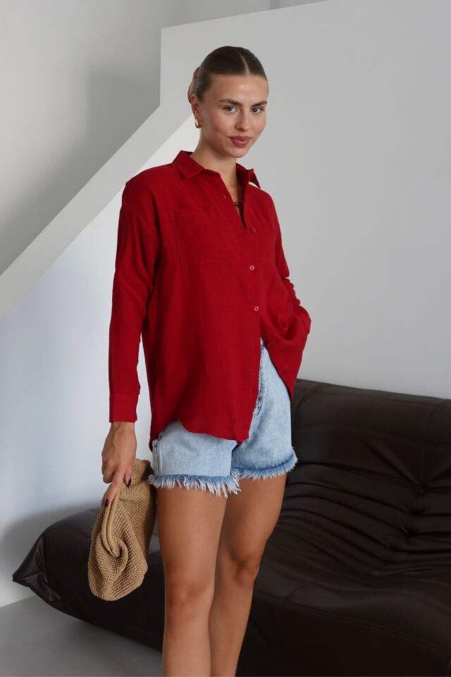 Balenbi Kadın Cepli Oversize Düz Renk Müslin Gömlek 1095 S - Bordo