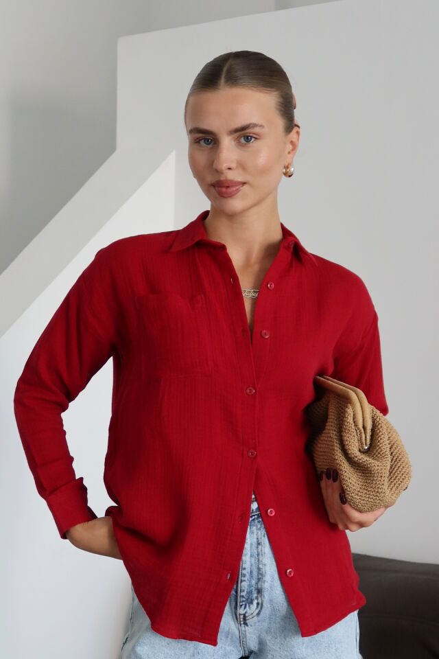 Balenbi Kadın Cepli Oversize Düz Renk Müslin Gömlek 1095 S - Bordo