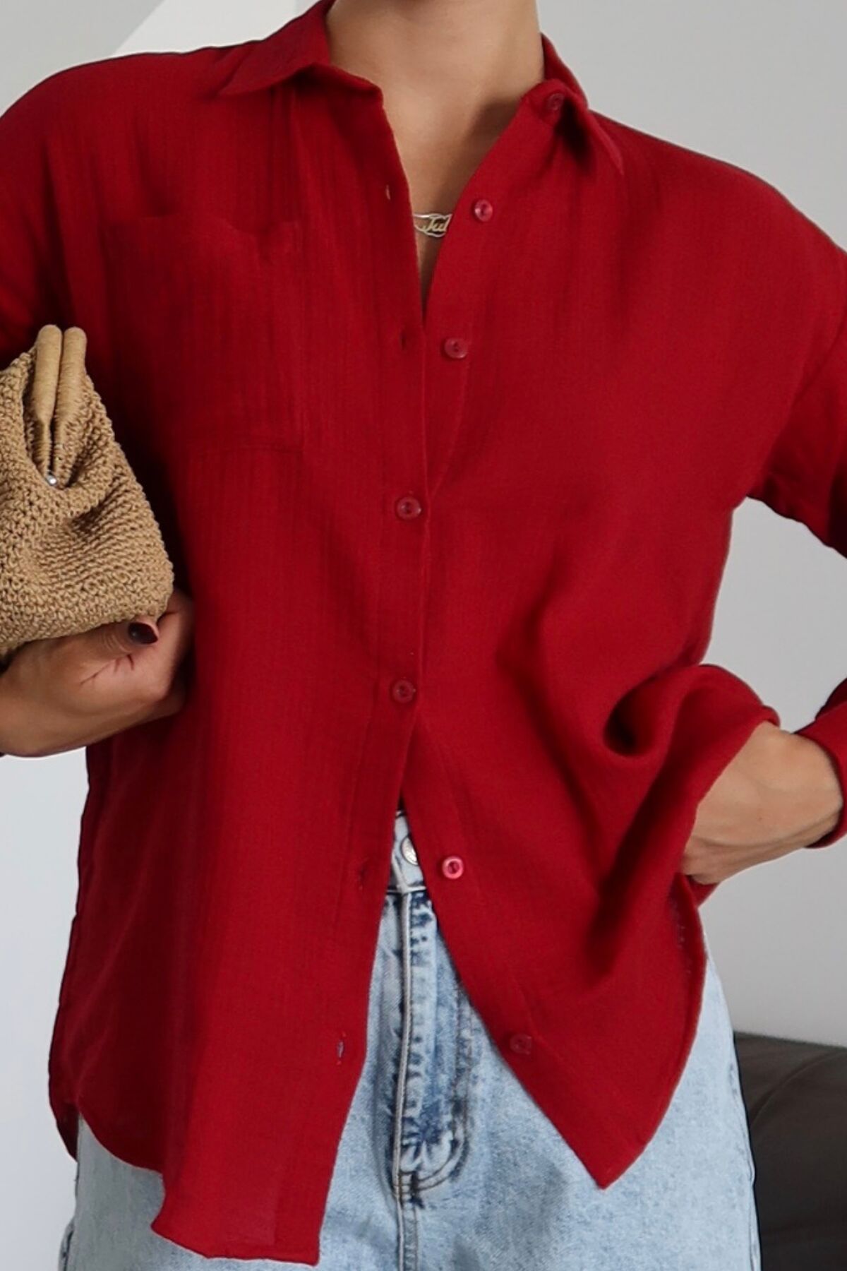 Balenbi Kadın Cepli Oversize Düz Renk Müslin Gömlek 1095 S - Bordo