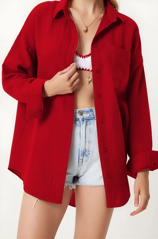 Balenbi Kadın Cepli Oversize Düz Renk Müslin Gömlek 1095 S - Bordo
