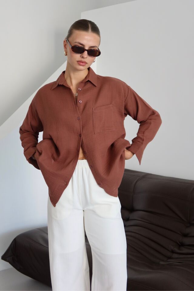 Balenbi Kadın Cepli Oversize Düz Renk Müslin Gömlek 1095 S - Kahverengi