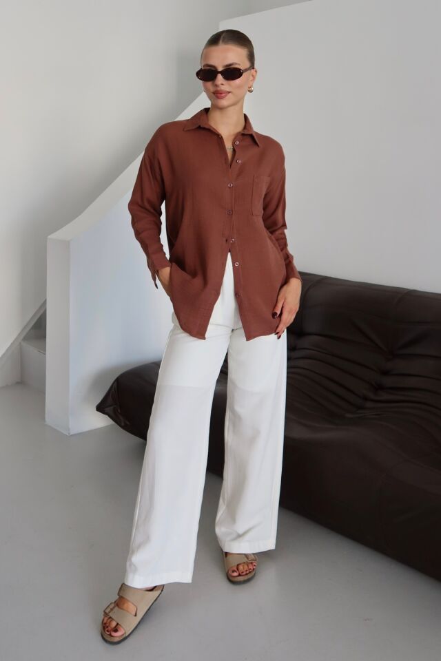 Balenbi Kadın Cepli Oversize Düz Renk Müslin Gömlek 1095 S - Kahverengi