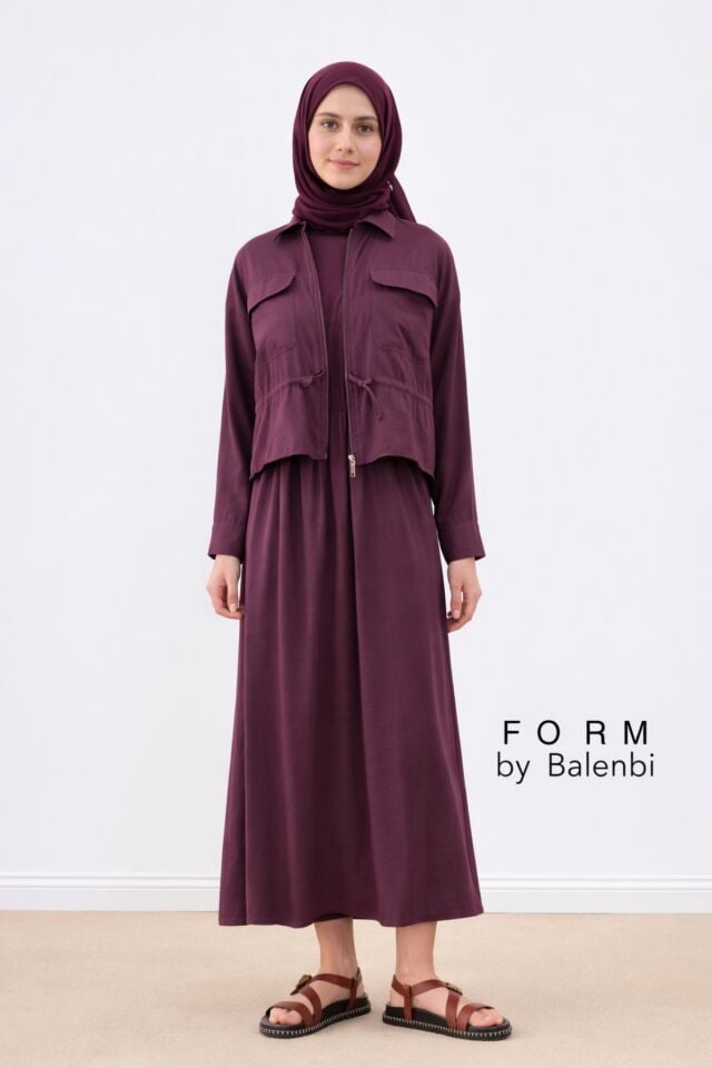 Balenbi Cep Detaylı Basic 2'li Tesettür Elbise Takım 1189 – Form Serisi Mürdüm - L/XL