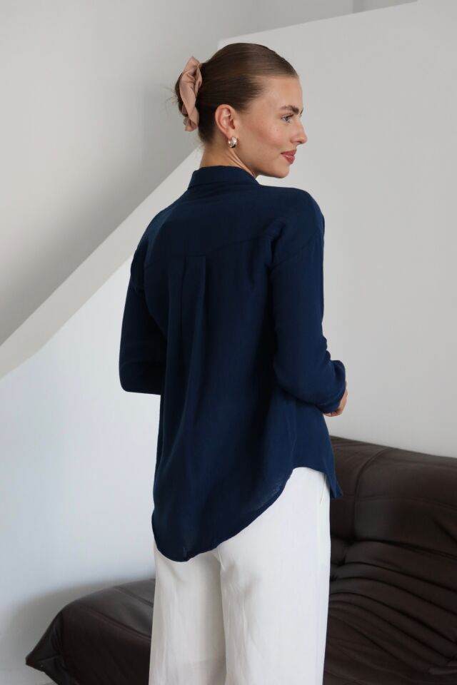 Balenbi Kadın Cepli Oversize Düz Renk Müslin Gömlek 1095 S - Lacivert