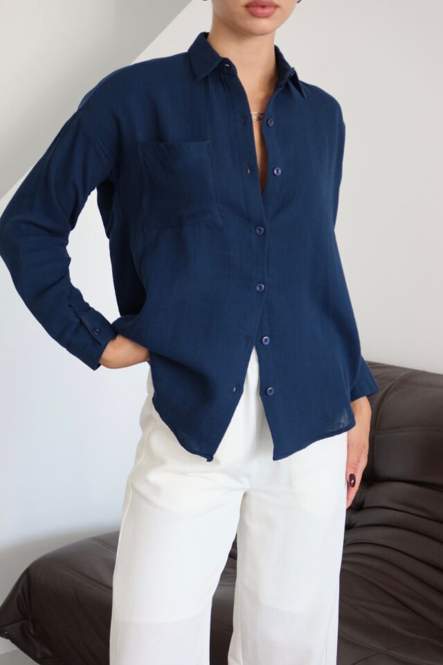 Balenbi Kadın Cepli Oversize Düz Renk Müslin Gömlek 1095 S - Lacivert