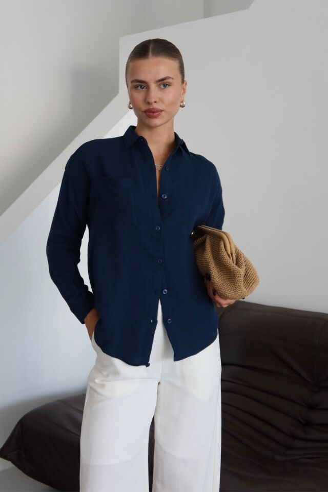 Balenbi Kadın Cepli Oversize Düz Renk Müslin Gömlek 1095 S - Lacivert