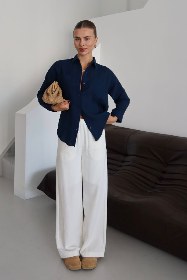 Balenbi Kadın Cepli Oversize Düz Renk Müslin Gömlek 1095 Lacivert - S