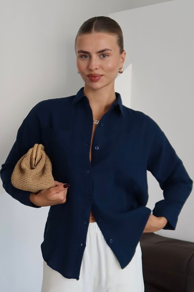 Balenbi Kadın Cepli Oversize Düz Renk Müslin Gömlek 1095 S - Lacivert