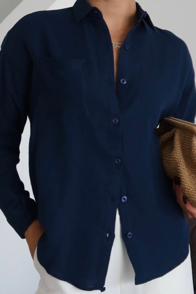 Balenbi Kadın Cepli Oversize Düz Renk Müslin Gömlek 1095 Lacivert - S