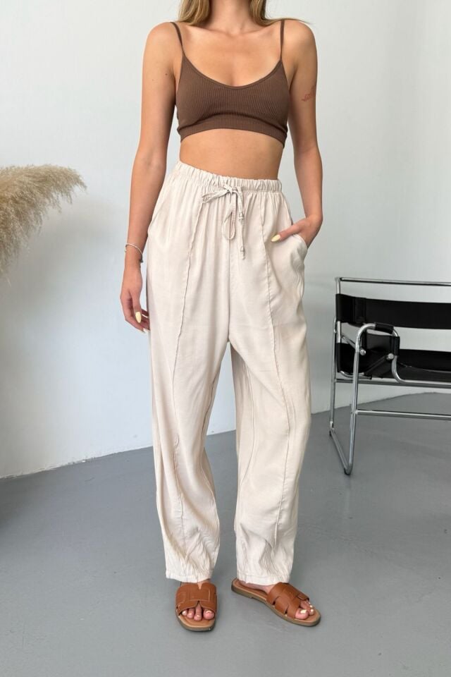 Feela Moda Kadın Modal Cupra Beli Lastikli Çımalı Şalvar Pantolon 2019 Bej - 40