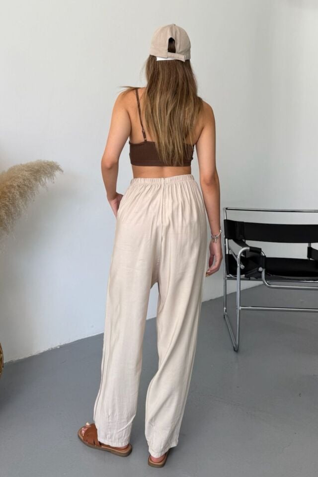 Feela Moda Kadın Modal Cupra Beli Lastikli Çımalı Şalvar Pantolon 2019 40 - Bej
