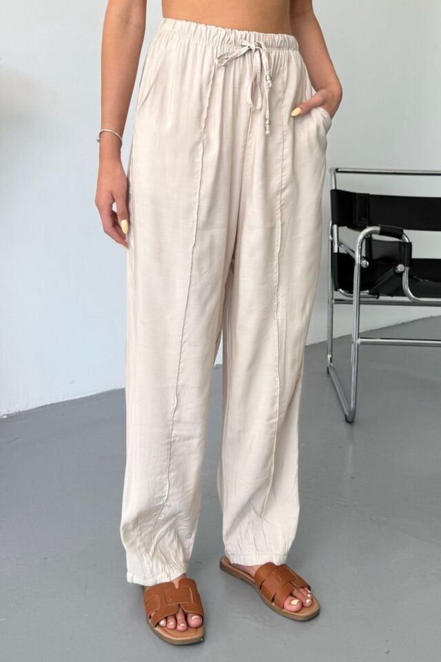 Feela Moda Kadın Modal Cupra Beli Lastikli Çımalı Şalvar Pantolon 2019 40 - Bej