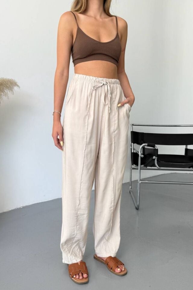 Feela Moda Kadın Modal Cupra Beli Lastikli Çımalı Şalvar Pantolon 2019 40 - Bej