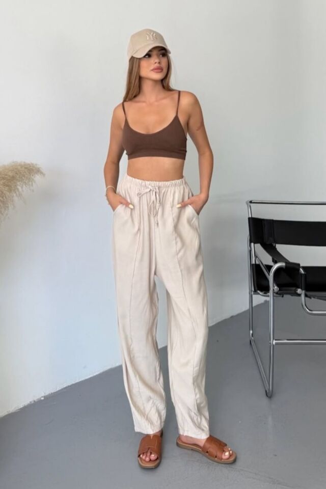 Feela Moda Kadın Modal Cupra Beli Lastikli Çımalı Şalvar Pantolon 2019 40 - Bej