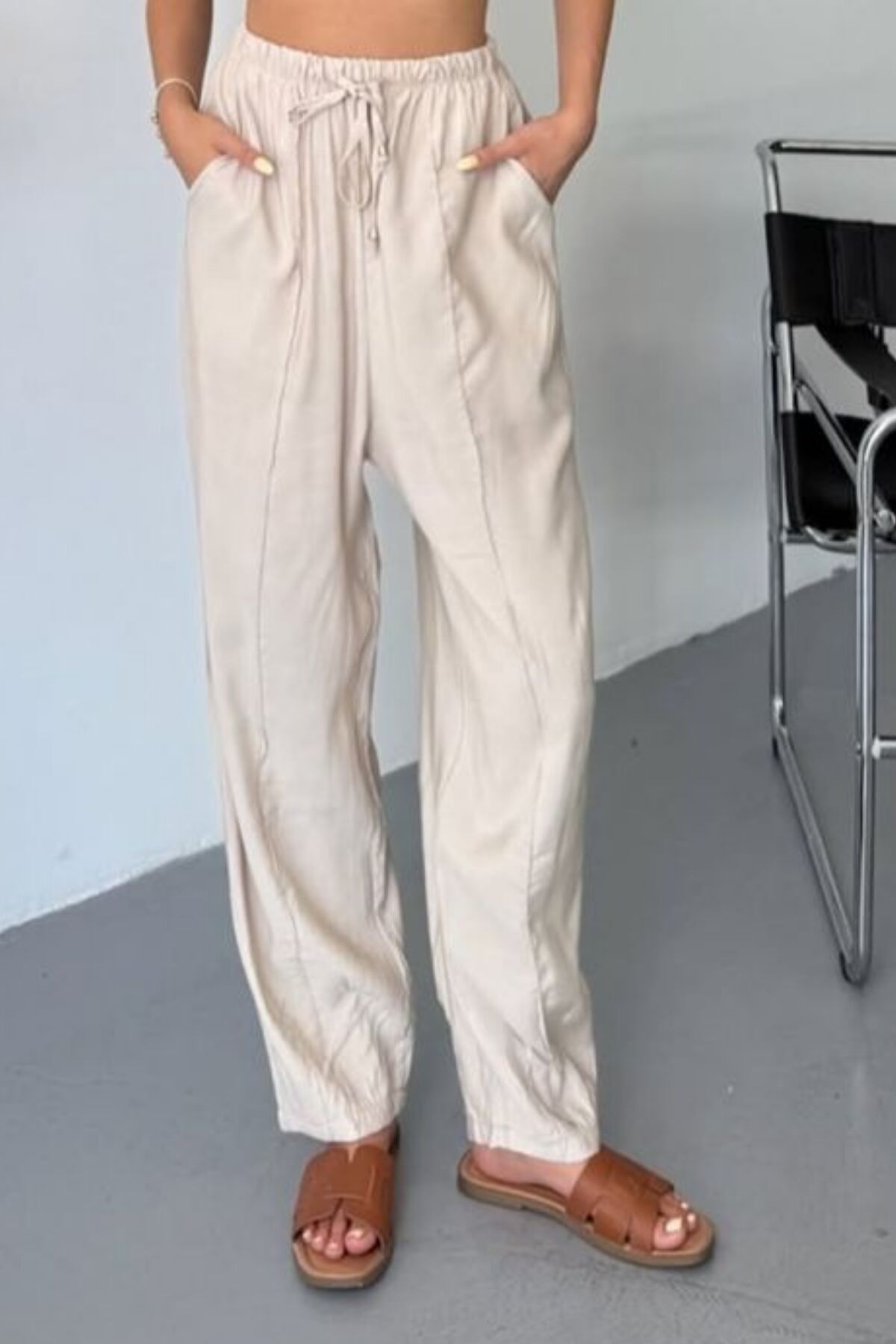 Feela Moda Kadın Modal Cupra Beli Lastikli Çımalı Şalvar Pantolon 2019 40 - Bej