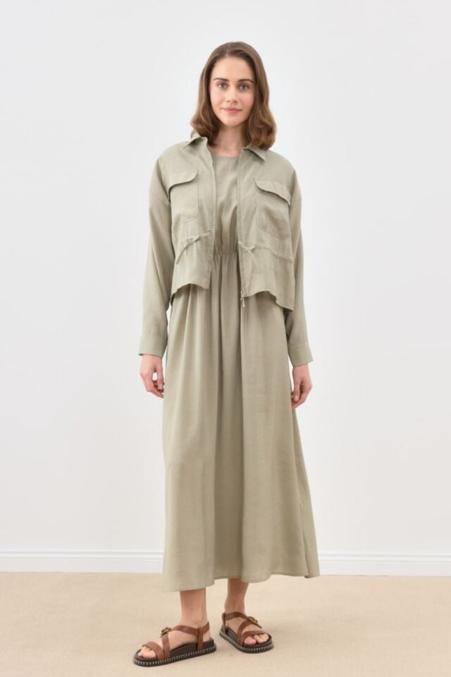 Balenbi Cep Detaylı Basic 2'li Tesettür Elbise Takım 1189 – Form Serisi Haki - L/XL