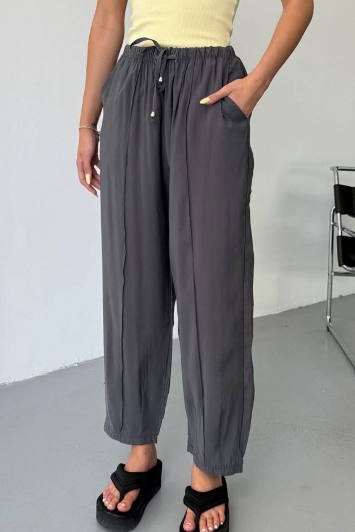 Feela Moda Kadın Modal Cupra Beli Lastikli Çımalı Şalvar Pantolon 2019 38 - Antrasit