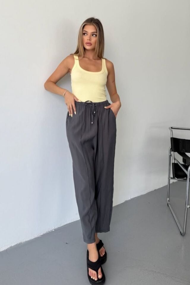 Feela Moda Kadın Modal Cupra Beli Lastikli Çımalı Şalvar Pantolon 2019 38 - Antrasit