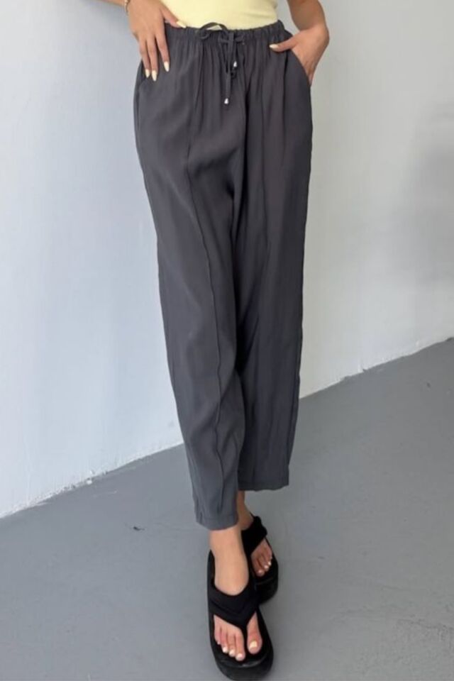 Feela Moda Kadın Modal Cupra Beli Lastikli Çımalı Şalvar Pantolon 2019 Antrasit - 38