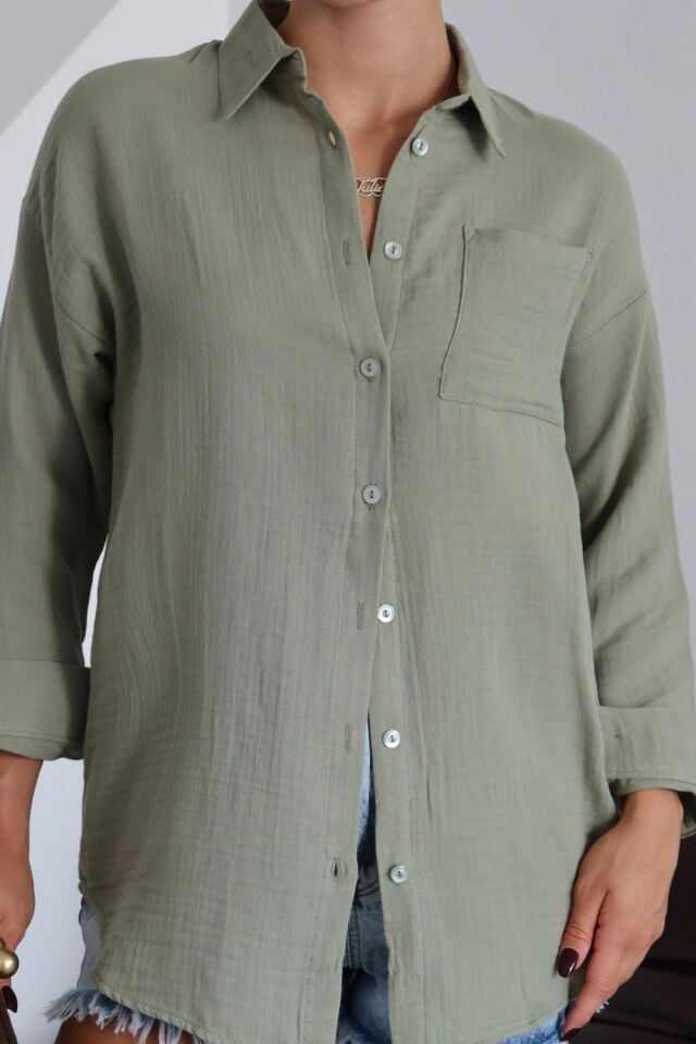 Balenbi Kadın Cepli Oversize Düz Renk Müslin Gömlek 1095 S - Yeşil