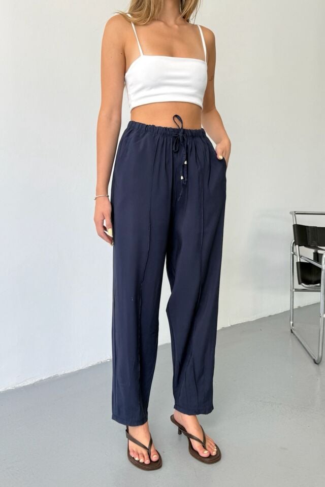 Feela Moda Kadın Modal Cupra Beli Lastikli Çımalı Şalvar Pantolon 2019 Lacivert - 36