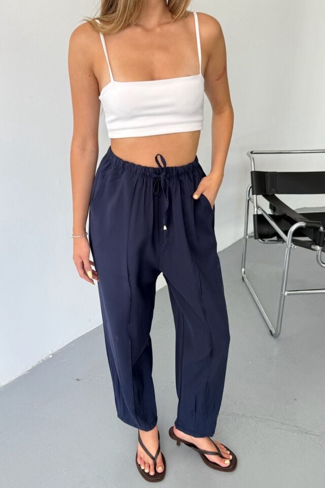 Feela Moda Kadın Modal Cupra Beli Lastikli Çımalı Şalvar Pantolon 2019 36 - Lacivert