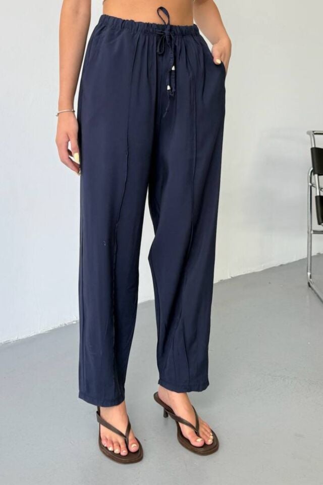 Feela Moda Kadın Modal Cupra Beli Lastikli Çımalı Şalvar Pantolon 2019 Lacivert - 36